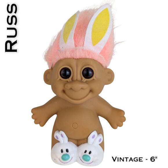 VTG Russ Easter Bunny Ears Troll Doll 5" Girl Peach Hair White Bunny Slippers - Picture 1 of 6